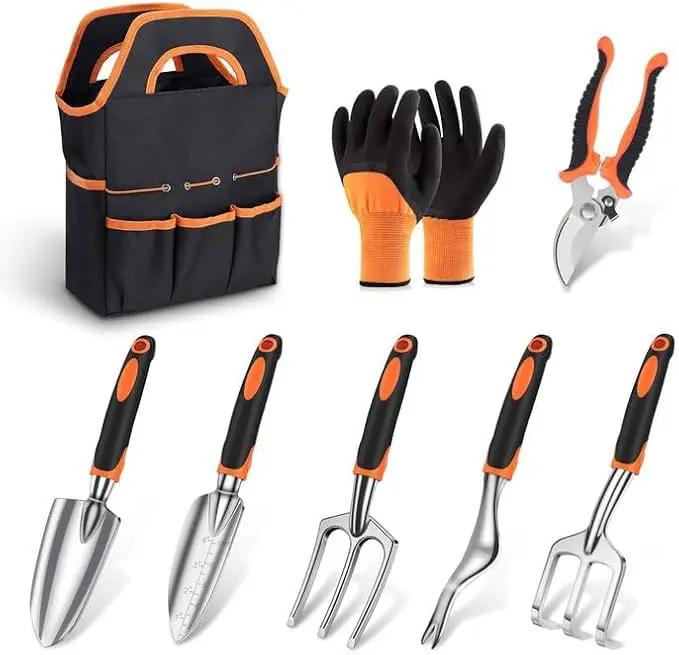 sungwoo Garden Tool Set 8 Piece, Heavy Duty and Lightweight Aluminium Alloy Tools with Non-Slip Ergonomic Handle, Storage Tote Bag, Gardening Hand Tools, for Women and Men Orange by GreenHaven Gardens