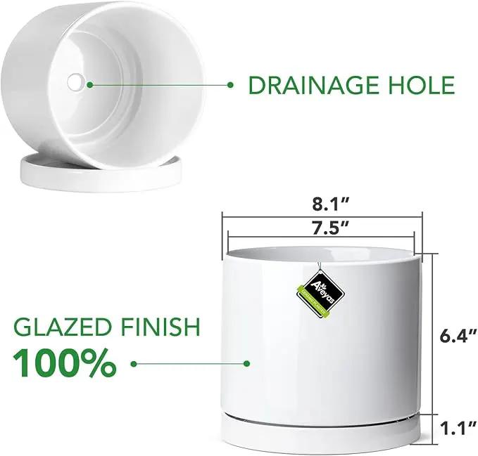 Aveyas 8 inch Ceramic Plant Pot with Drainage Hole and Saucer - Suitable for Indoor and Outdoor Use, Modern Planters for House Garden Flower Tree Snake Monstera Plants (8", Glossy White)