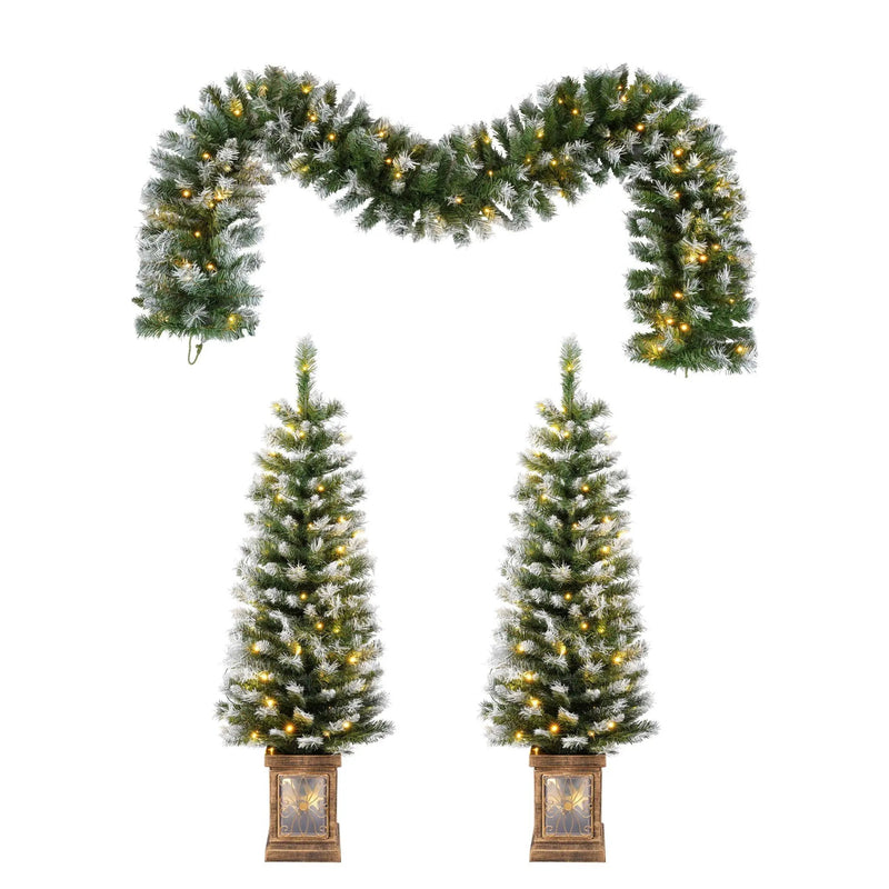 Artificial Christmas 3 Piece Set Wreath And 2 Entrance Trees With LED Lights - White / Green by HouseOfZazla