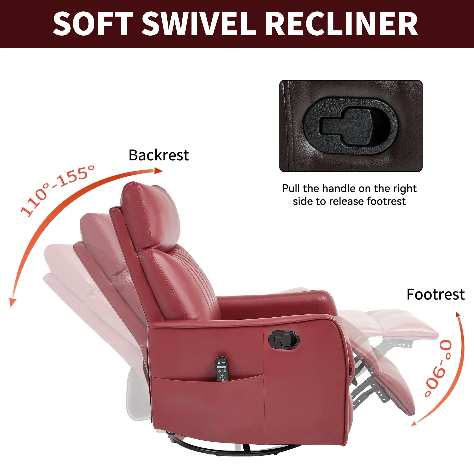 Red Faux Leather Heat Massage Manual Recliner Chair with Rocker and Swivel by HouseOfZazla