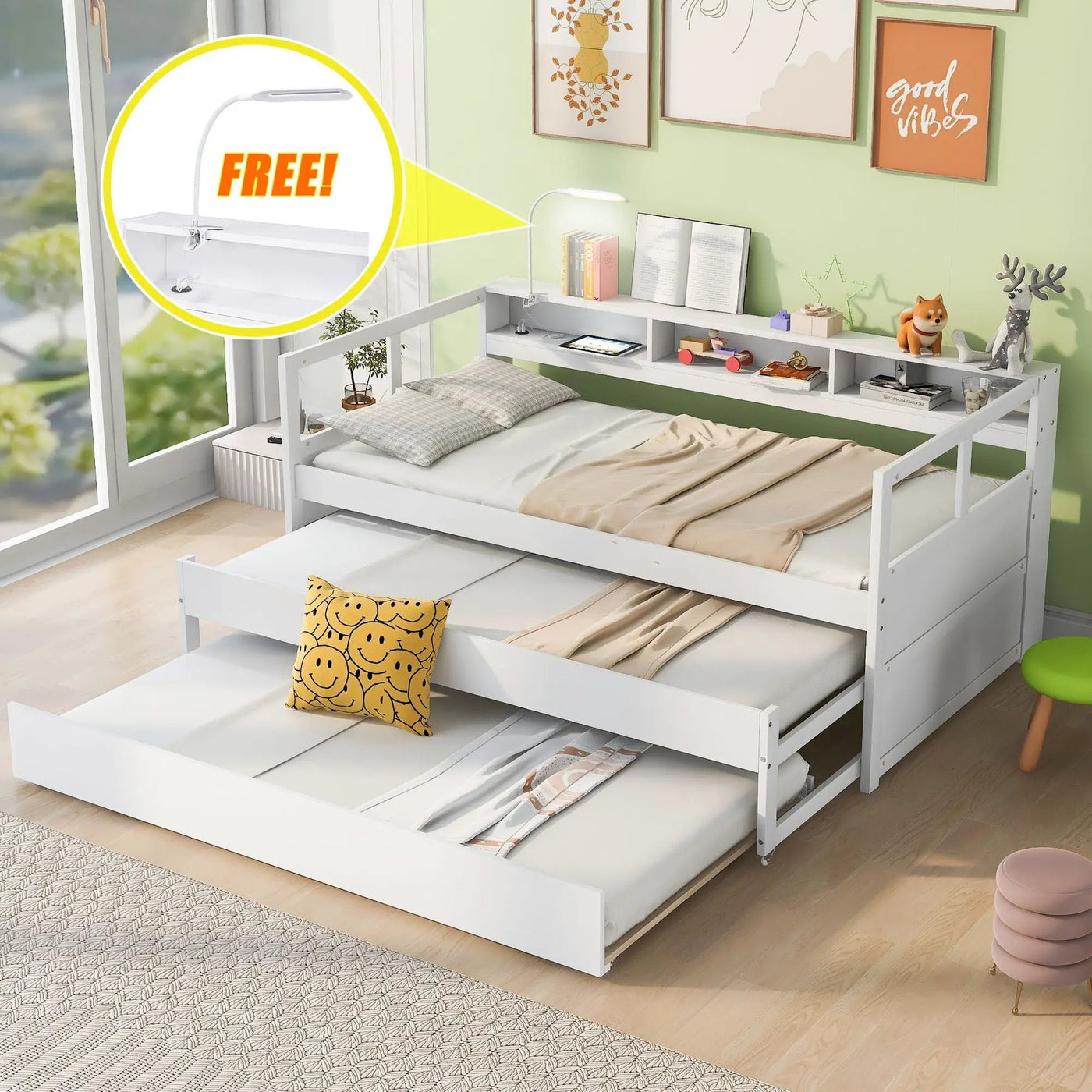 Daybed With 2 Trundles, 3 Storage Cubbies, Built In USB Charging Light by Unique Piece Furniture