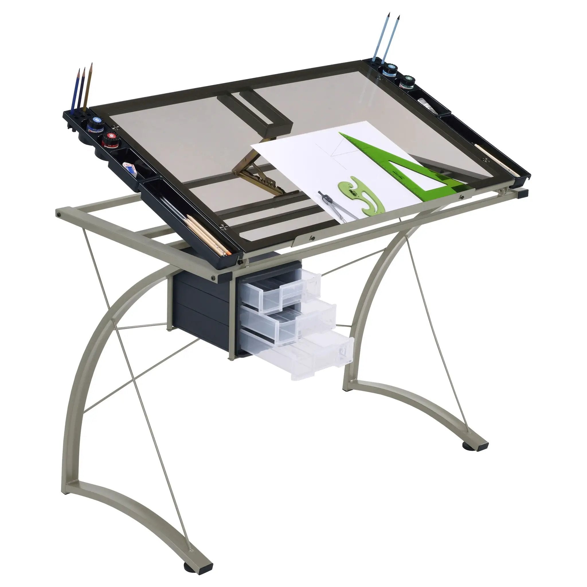 Melo 41-inch Glass Top Drafting Table with Storage Silver by Unique Piece Furniture