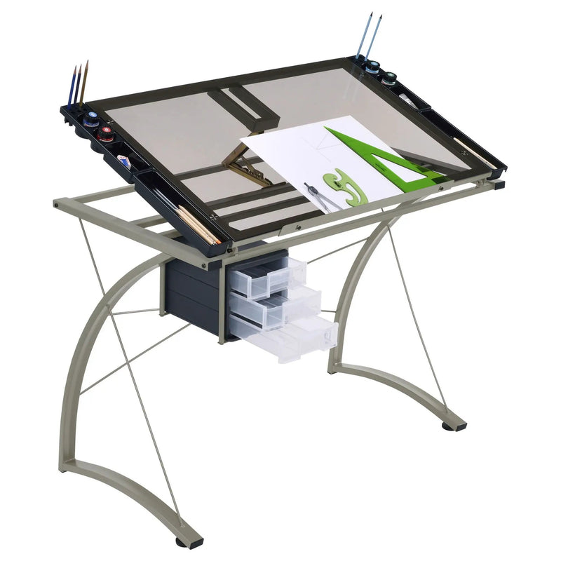 Melo 41-inch Glass Top Drafting Table with Storage Silver by Unique Piece Furniture