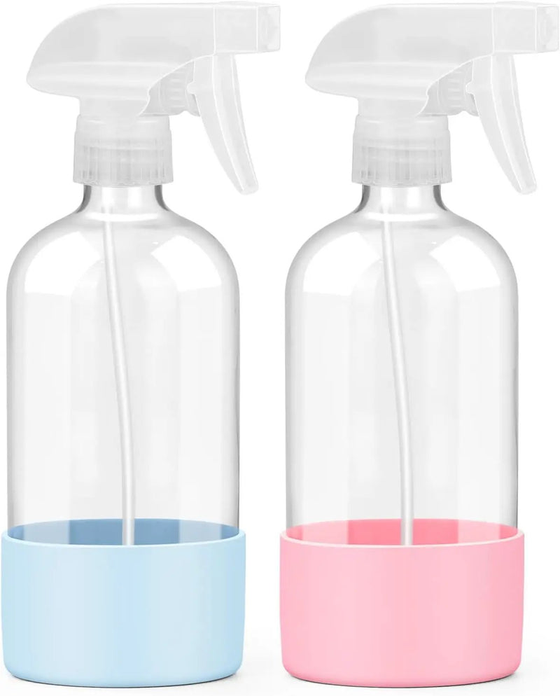 2 Pack Glass Spray Bottles with Silicone Sleeve, 16 oz Empty Refillable Containers with Adjustable Spray Nozzles, Spray Bottles for Hair, Cleaning Solutions and Plants Blue&Pink by GreenHaven Gardens