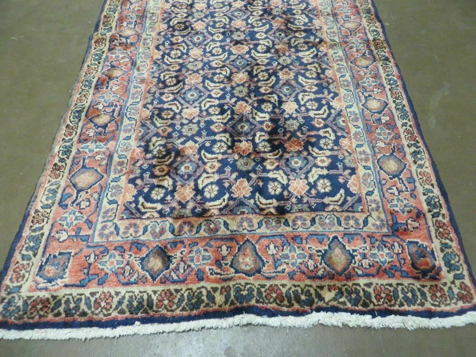 3'7" X 10' Antique Handmade India Floral Oriental Wool Runner Rug Organic Blue by Jewel Rugs