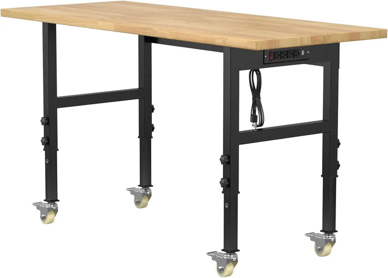 60" Adjustable Workbench,Heavy-Duty Work Table,3000 LBS Load Capacity Hardwood Workstation Outlets with Power Strips and Wheels,for Workshop, Garage by GreenHaven Gardens