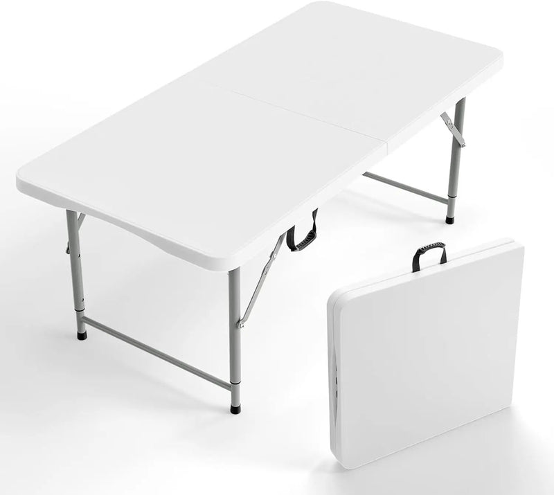 VINGLI 4 FT Plastic Folding Camping Table,3-Level Adjustable Height, Portable in/Outdoor Party Picnic Dining Desk, Garden Soccer Multipurpose Entertaining Activities，White by GreenHaven Gardens