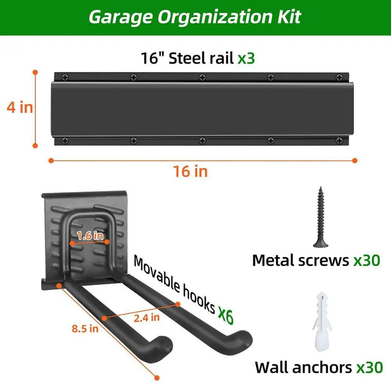 Garage Organization, Garage Wall Organizer with 48 inches Rails and 6 Hooks, Tool Organizers Heavy Duty, Shovel Holder Wall Mount Max Load 360 LBS, Sturdy Garden Tool Rack for Folding Chairs by GreenHaven Gardens
