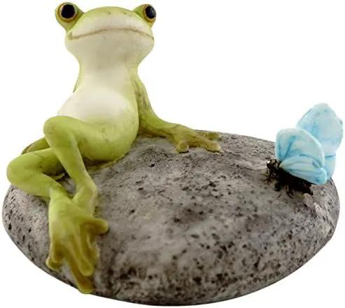 Top Collection Miniature Fairy Garden and Terrarium Statue, Frog Resting on Stone with Butterfly by GreenHaven Gardens