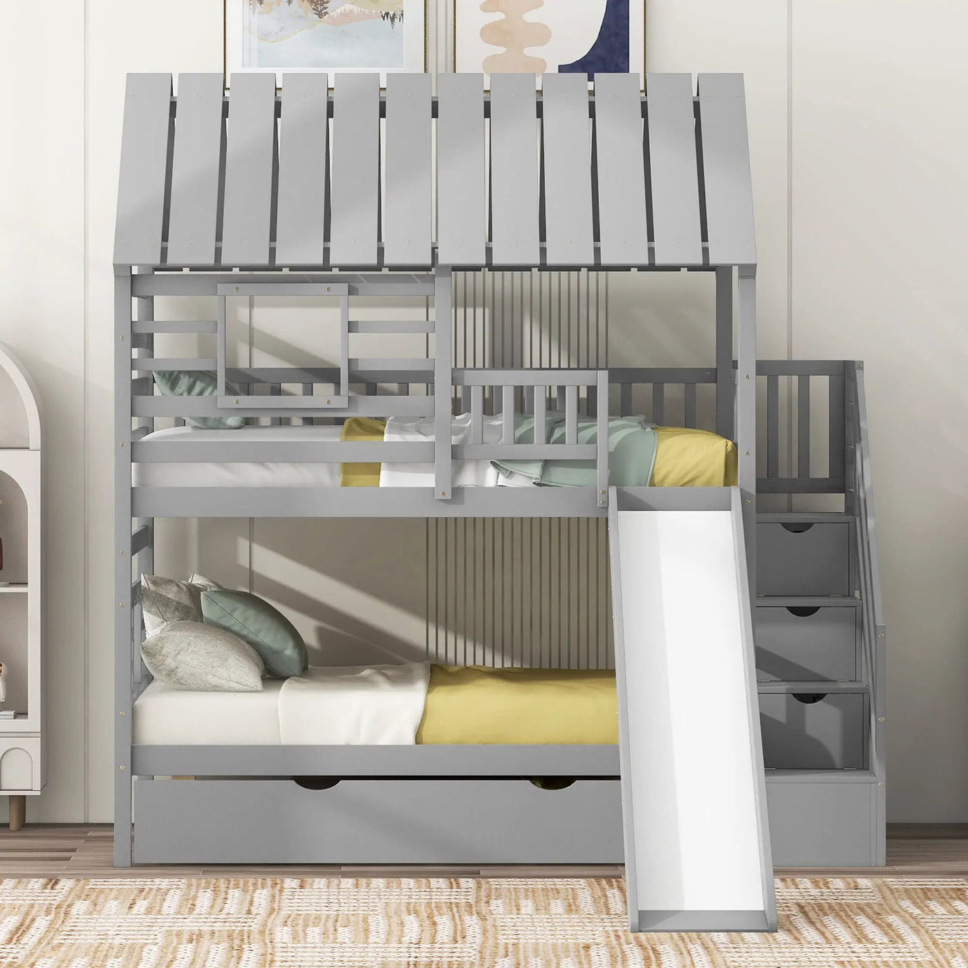 House Bunk Bed With Trundle, Storage Staircase, Roof And Window Design by Unique Piece Furniture