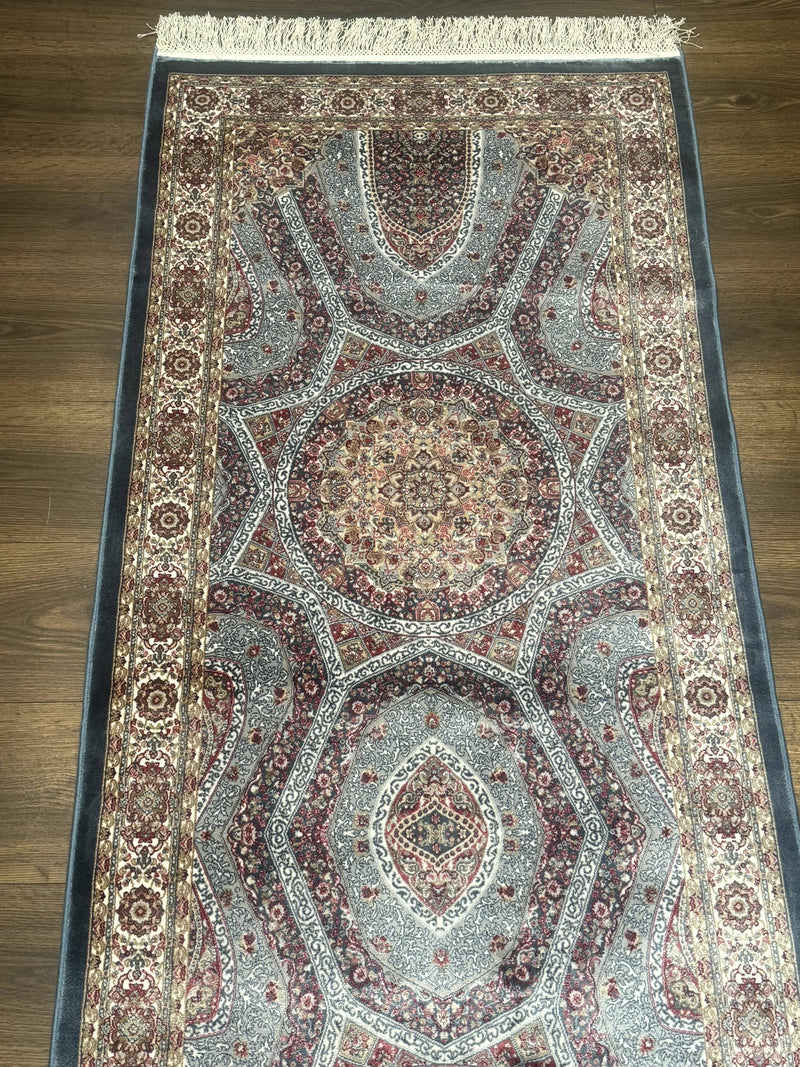 Turkish Silk Runner Rug 2.6 x 10, Light Blue Carpet, Bamboo Silk, New by Jewel Rugs