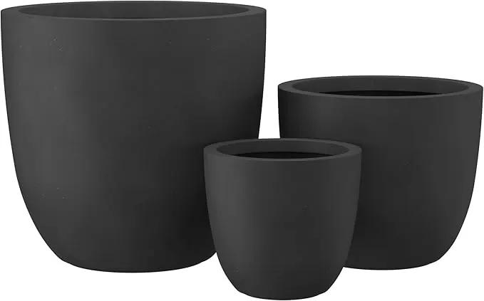 Kante 18",14",10" Dia Concrete Round Planters (Set of 3), Outdoor Indoor Large Planter Pots with Drainage Hole and Rubber Plug for Home Patio Garden, Black by GreenHaven Gardens