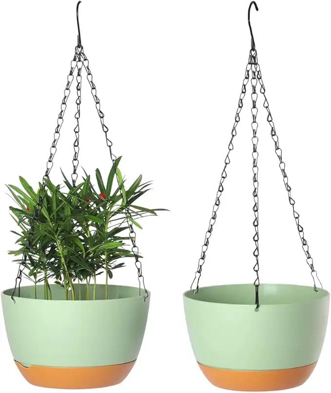 2 Pack Plastic Hanging Planters 10 Inch Hanging Pots with Drainage Hole for Indoor Outdoor Plants, Round Hanging Basket with Removable Tray for Home Garden Porch Balcony Patio Decor by GreenHaven Gardens