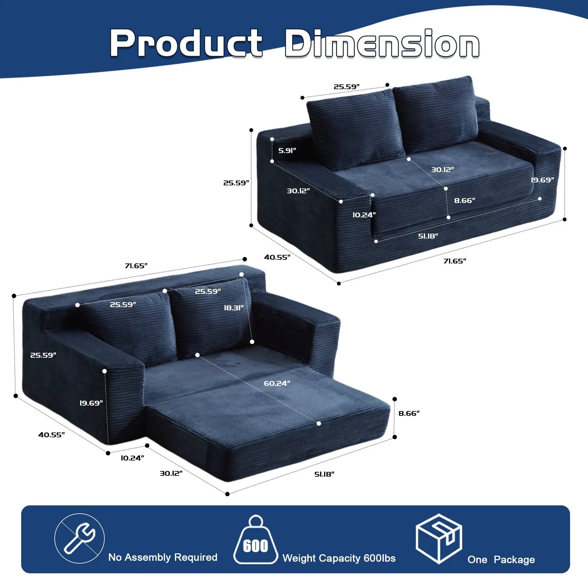 Comfortable Deep Seat Loveseat Sofa Bed, Reversible Cushion With Pillows by HouseOfZazla