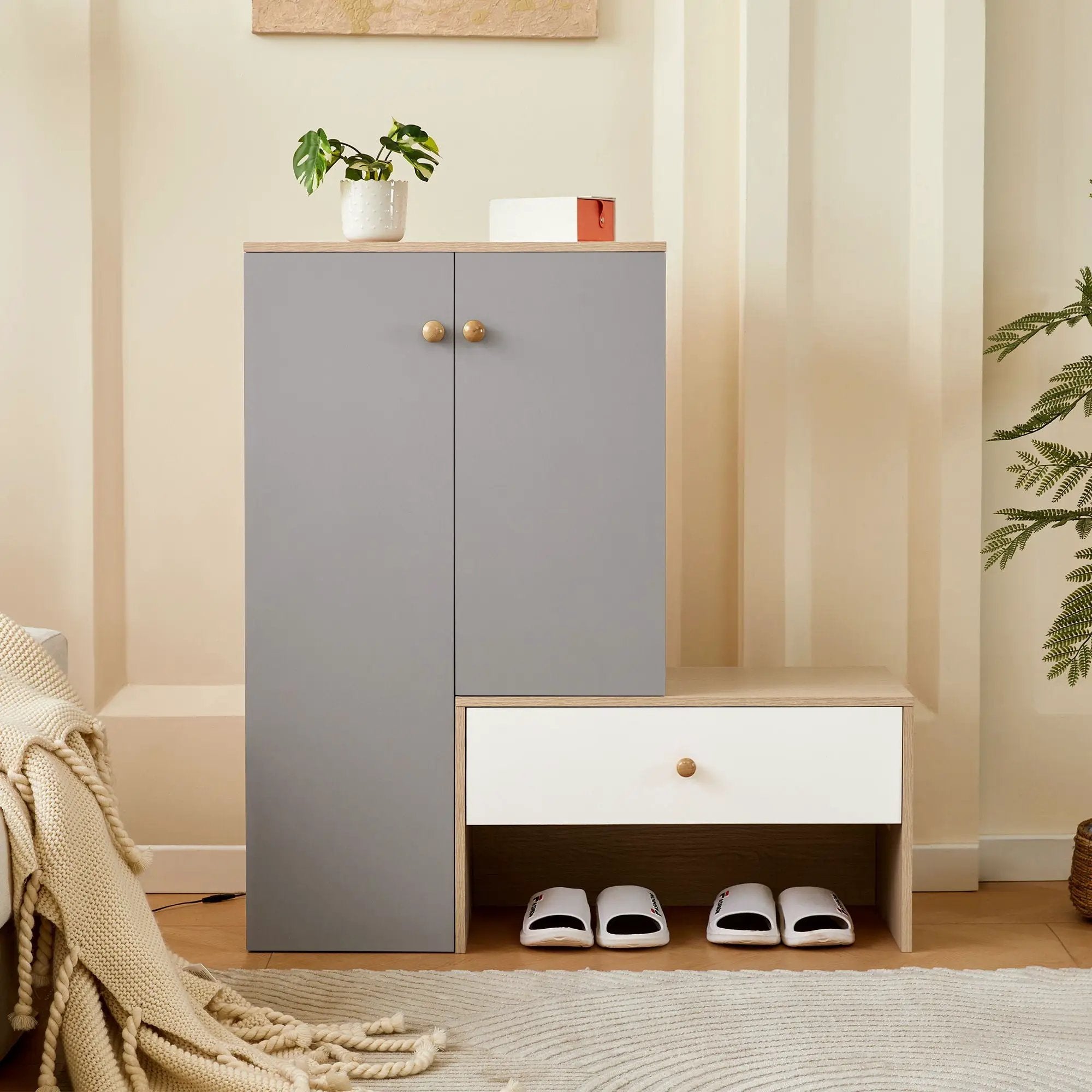 Modern Multi Functional Shoe Storage Bench & Cabinets With Adjustable Shelves - Gray / Natural Wood / White by Unique Piece Furniture