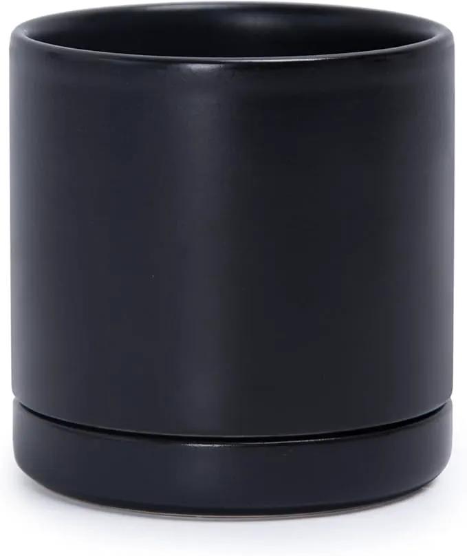 D'vine Dev 3.5 Inch Ceramic Planter Pot with Drainage Hole and Saucer, Indoor Cylinder Round Planter Pot, Black, 94-O-A-2 by GreenHaven Gardens