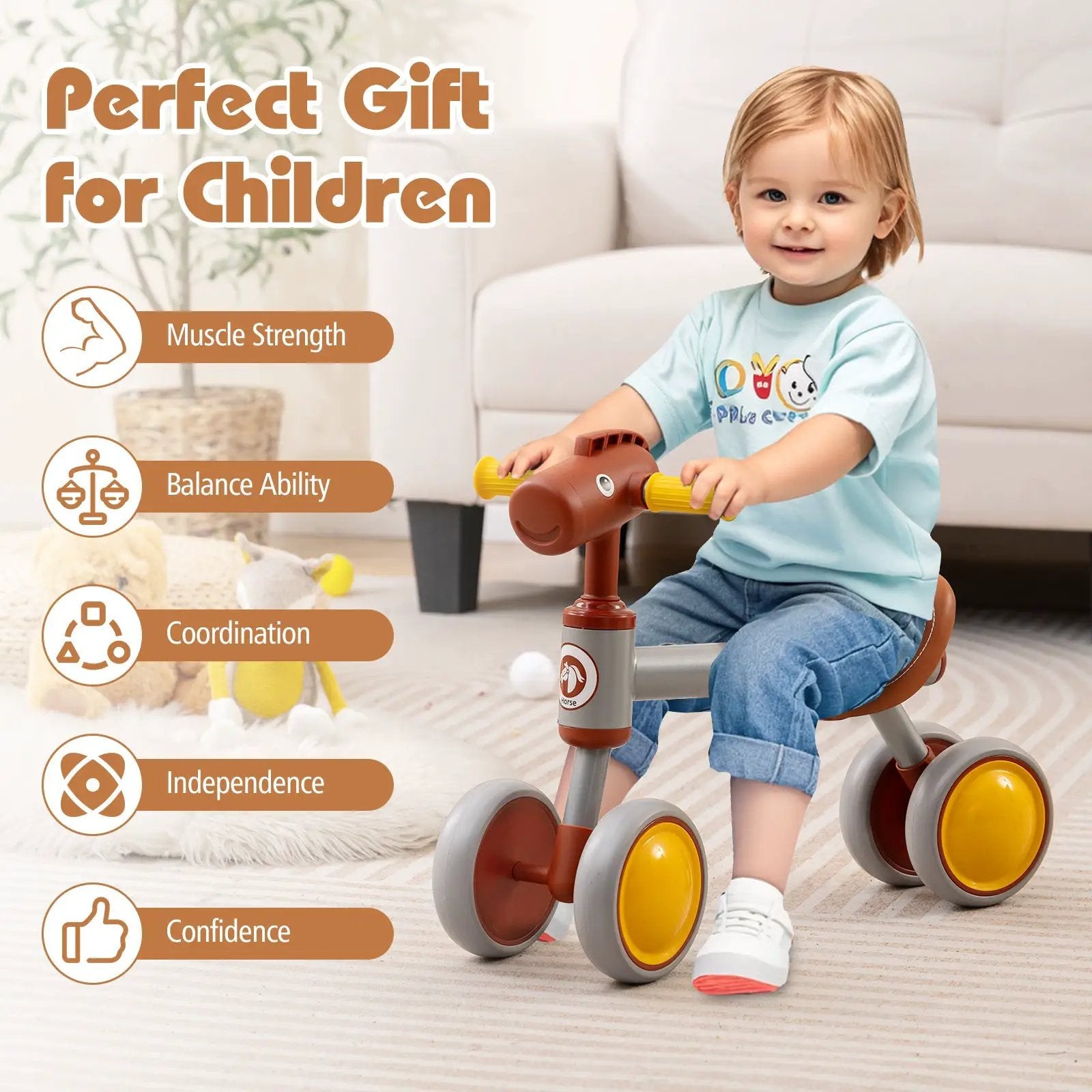 Baby Balance Bike No Pedal 4-Wheel Bicycle-Brown by DirectDeals