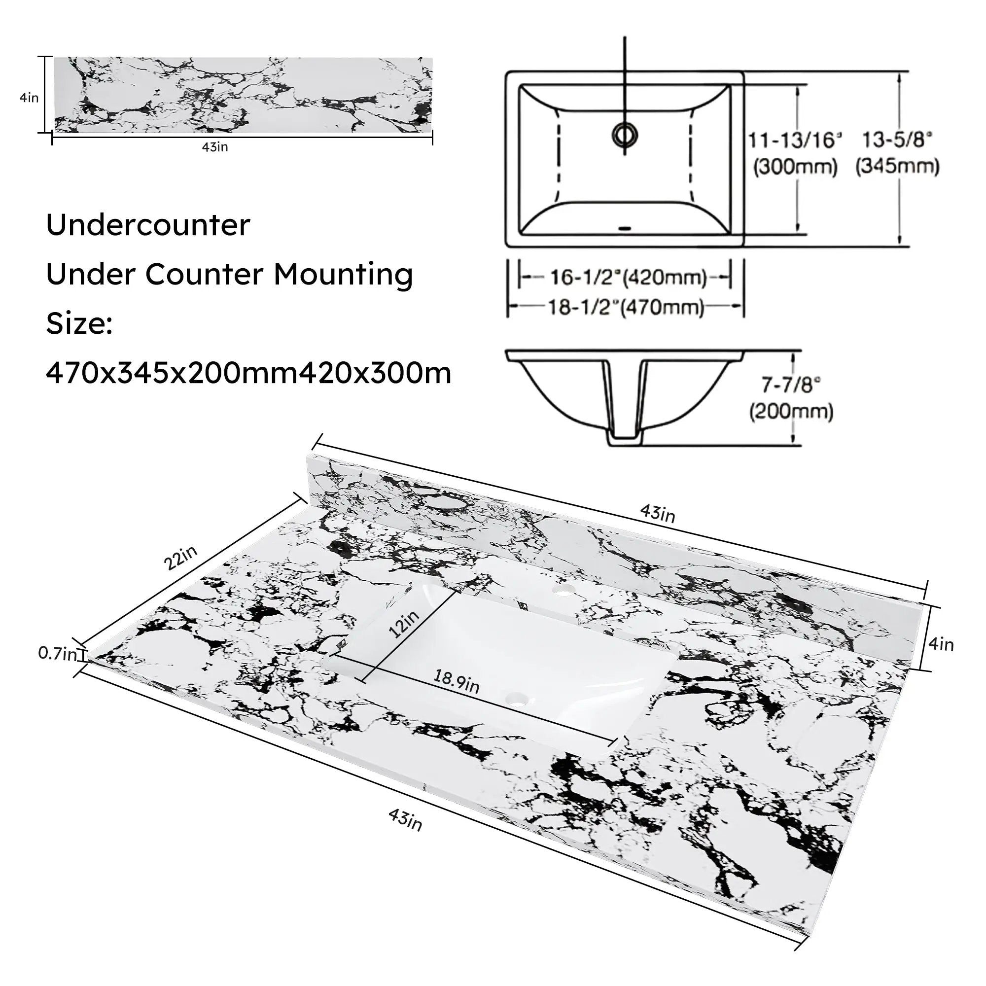 43"x22" Bathroom Vanity Top with Undermount Ceramic Sink and Backsplash by HouseOfZazla