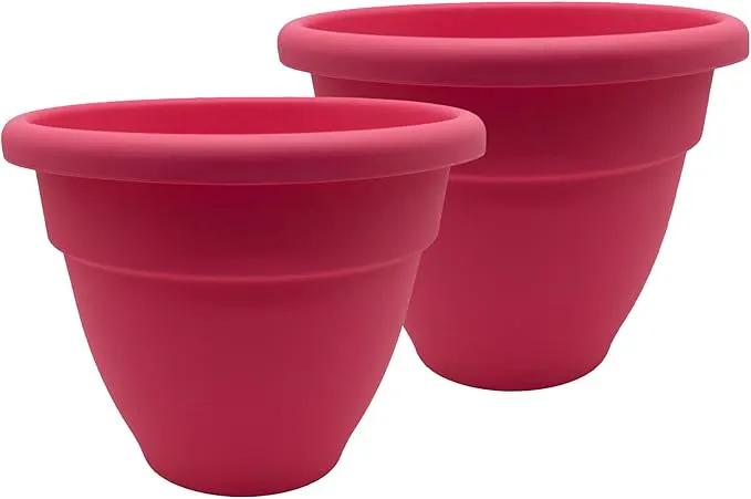 The HC Companies Caribbean Planter Pot - Outdoor & Indoor Plant Pot with Drainage Hole & Plug - Rolled Rim Plastic Pots for Plants & Flowers - Decorative Plant Pot (14" Pink Rose, Pack of 2) by GreenHaven Gardens