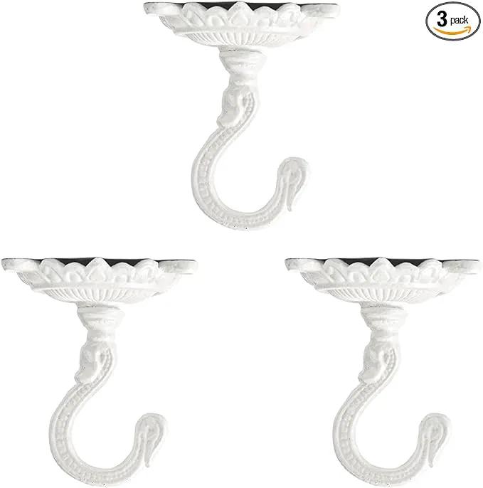 Sungmor Heavy Duty Ceiling Hooks - 3PC White Cast Iron Antique Decorative Hooks for Hanging Plants, Planters, Wind Chimes, Lanterns by GreenHaven Gardens