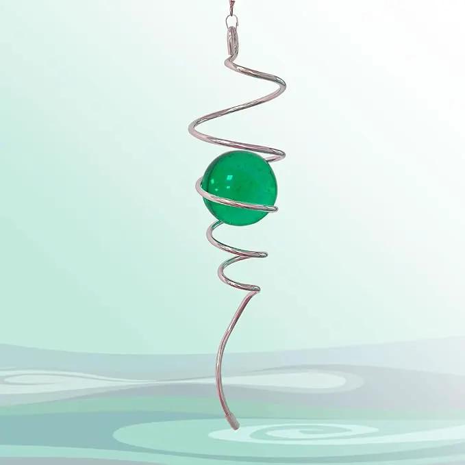 Wind Spinner Tail Gazing Ball Spiral Decorative Wind Spinner Sun Catcher 11inch Tail and 2 inch Glass Orb. Indoor Outdoor Garden Decoration Wind Sculptures-13 inch Height (Green) by GreenHaven Gardens
