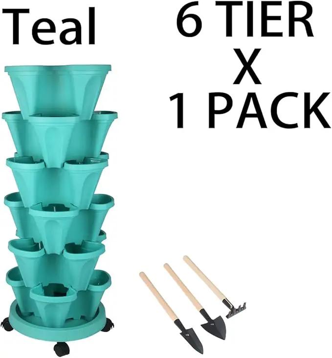 Vertical Planter 6 Tier Stackable Planters Garden Planters Strawberry Herb Flower and Vegetable Planter Indoor Outdoor Gardening Pots with Removable Wheels and Tools by GreenHaven Gardens