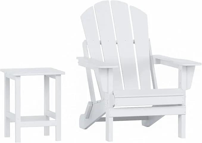 WO Home Furniture Adirondack Chair Table Set of 2 PCS Outdoor Folding Chair w Side Table Weather/UV Resistant for Lawn, Garden, Bon Fire, Balcony (White) by GreenHaven Gardens