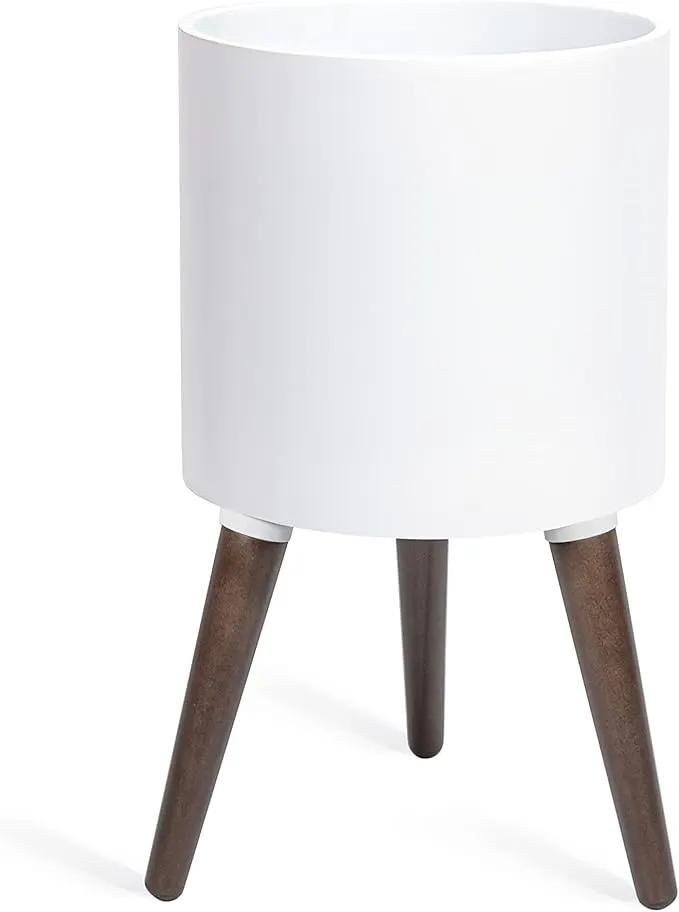 D'vine Dev 10 Inch Planter Pot with Stand, Mid-Century Tall Plant Pot with Legs for Indoor Plants, Medium, White, 88-O-B-1 by GreenHaven Gardens