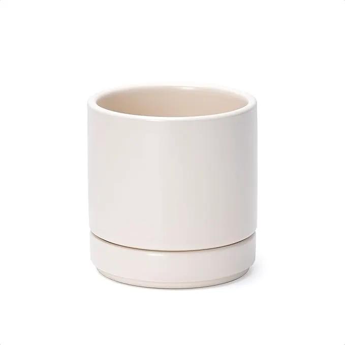 D'vine Dev 4.7 Inch Ceramic Planter Pot with Drainage Hole and Saucer, Indoor Cylinder Round Planter Pot, Oatmeal, 94-O-B-8 by GreenHaven Gardens