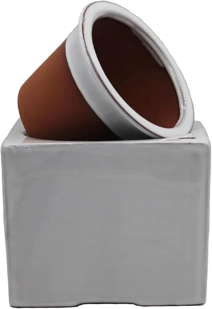 Ceramic African Violet Self Watering Pot 6 Inch Square Pot 3.5 Inch Innter Pot Easy Fill Water Reservoir White by GreenHaven Gardens