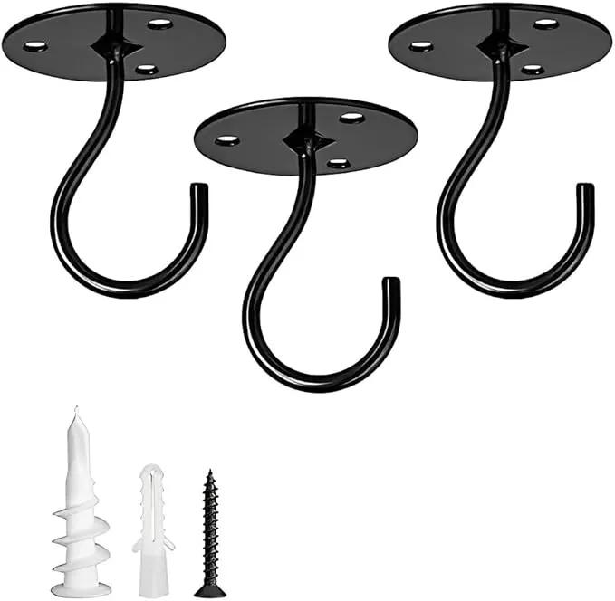 Ceiling Hooks for Hanging Plants-Heavy Duty Wall Mount Hanger Bracket for Hanging Bird Feeders, Lanterns, Wind Chimes, Planters, Outdoor Decoration (3 Pack) (Black) by GreenHaven Gardens