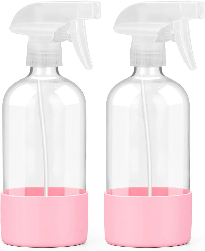 2 Pack Glass Spray Bottles with Silicone Sleeve, 16 oz Empty Refillable Containers with Adjustable Spray Nozzles, Spray Bottles for Hair, Cleaning Solutions and Plants Pink by GreenHaven Gardens