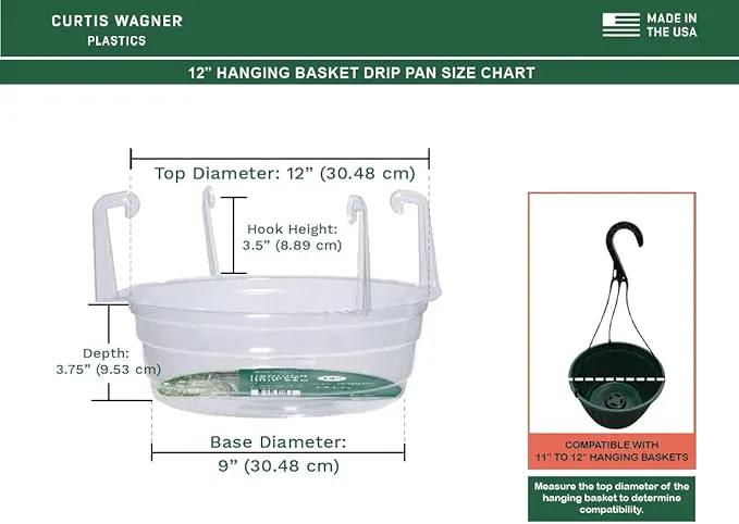 Curtis Wagner Plastics Hanging Basket Drip Pans (5-Pack) | Clear, Round (Diameter = 9" Base, 12" Top, 3.75" Depth) Hanging Plant Tray Saucer with Built-in Hooks & Water Catcher for Indoor & Outdoor by GreenHaven Gardens