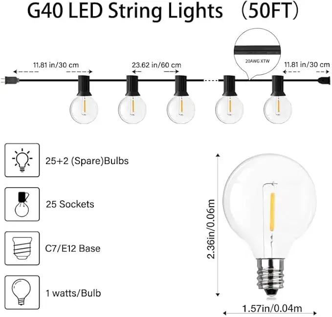 50FT LED Globe String Lights,Waterproof Hanging String Light with 25 Warm White Shatterproof G40 Bulbs(2 Spare), for Indoor/Outdoor Commercial Decor (50FT) by GreenHaven Gardens