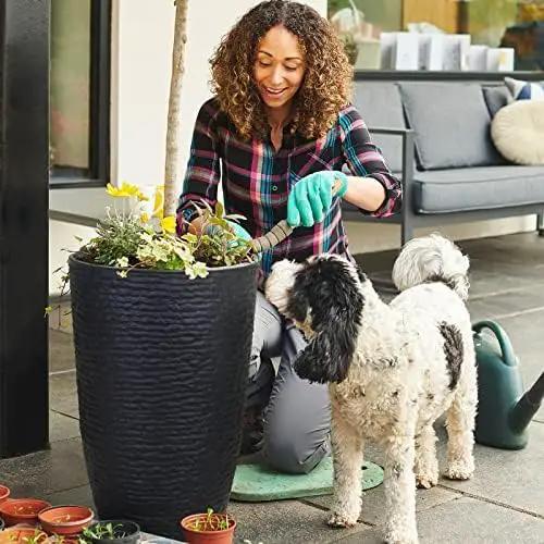 Worth Garden 21" H Tall Planters 2 Pack - 14'' Dia Resin Large Round Black Flower Pots for Outdoor Plants Trees - Imitation Stone Finish Plastic Indoor Front Porch 9 Gallon Decorative Container Patio by GreenHaven Gardens