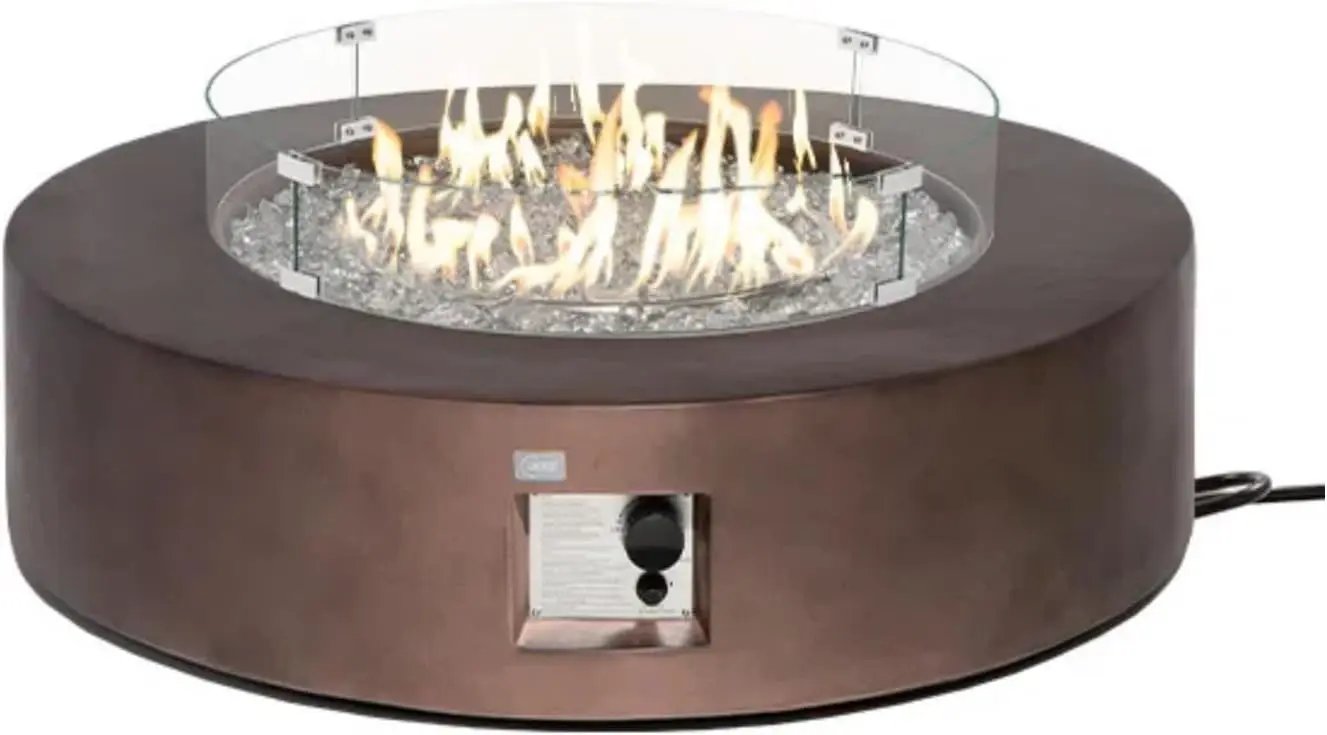COSIEST Outdoor Propane Fire Pit Coffee Table w Bronze 42 inch Round Base Patio Heater, CSA Certified, 50,000 BTU Stainless Steel Burner, Wind Guard, Transparent Gray Fire Glass, Waterproof Cover by GreenHaven Gardens