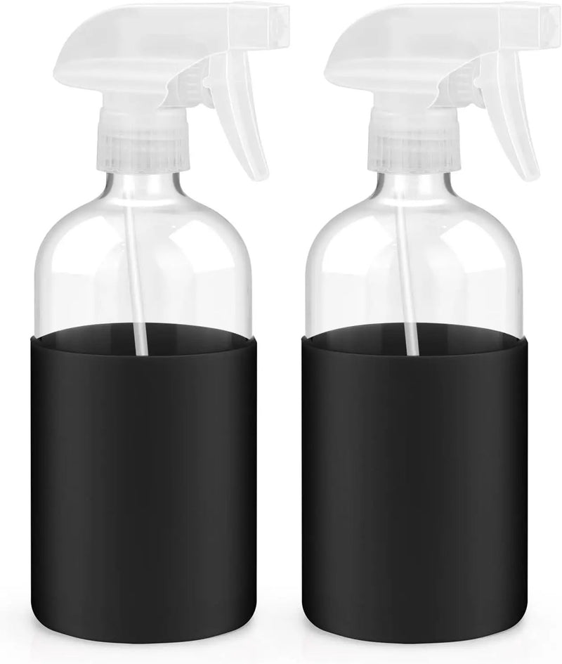 2 Pack Glass Spray Bottles with Long Silicone Sleeve, 16 oz Empty Refillable Containers with Adjustable Spray Nozzles, Spray Bottles for Hair, Cleaning Solutions and Plants 2 Pack Black by GreenHaven Gardens