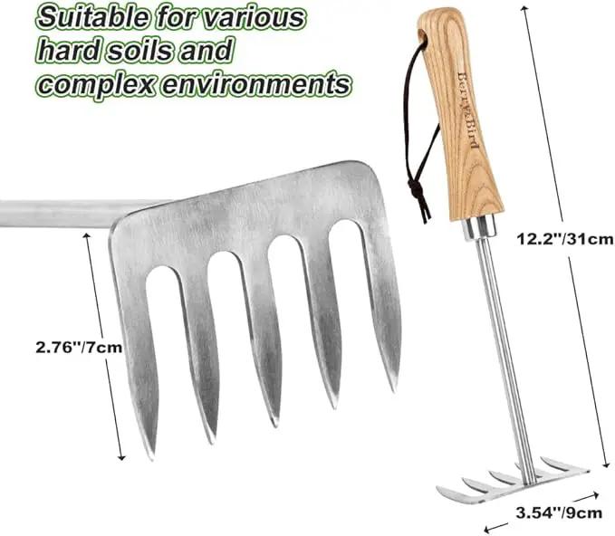 Berry&Bird Premium Hand Rake for Gardening, 5 Tines Hand Tiller Hand Cultivator Small Rake Garden Tool with Wood Handle, Ideal Garden Hand Tools for Digging, Aerating, Weeding and Loosening Soil by GreenHaven Gardens