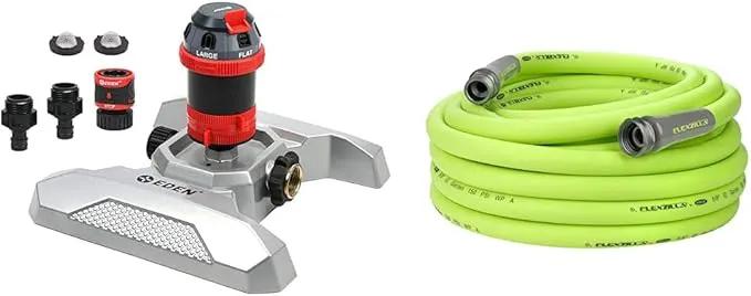 Eden Metal Adjustable 6-Pattern Mobile Rotary Gear Drive Garden Sprinkler Bundle with Flexzilla Garden Hose by GreenHaven Gardens