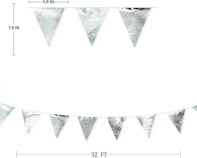 Silver Party Decorations Metallic Fabric Triangle Pennant Banner Silver Flag Bunting Garland for Graduation Birthday Wedding Bridal Shower Anniversary Engagement Bachelorette Party Decoration Supplies by GreenHaven Gardens