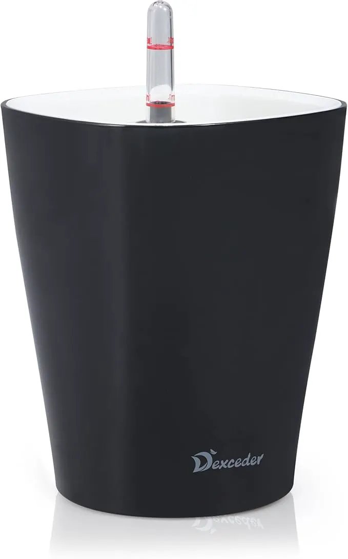 Dexceder 6x7 Self Watering Planter Indoor Outdoor, High Gloss Table Flower Plant Pot with Water Level Indicator (Black) by GreenHaven Gardens