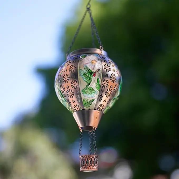 DREAMSOUL Hummingbird Hot Air Balloon Solar Lantern, Metal & Glass Flickering Flame Light Solar Lantern, Hanging Waterproof Solar Lanterns Outdoor for Garden Patio Tree Decoration Christmas Gifts by GreenHaven Gardens