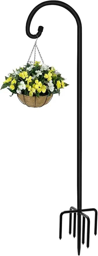 60 inch Outdoor Shepherd Hook with Upgraded 7 Prong Base (1 Pack), Adjustable Heavy Duty Garden Hanging Stake for Bird Feeder Solar Light Plant Hanger Wedding Decor, Matte Black by GreenHaven Gardens