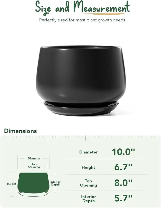 LE TAUCI Ceramic Planter, 10 Inch Plant Pot with Drainage Hole & Saucer – Durable Indoor Planter for Modern Home Decor, Black by GreenHaven Gardens