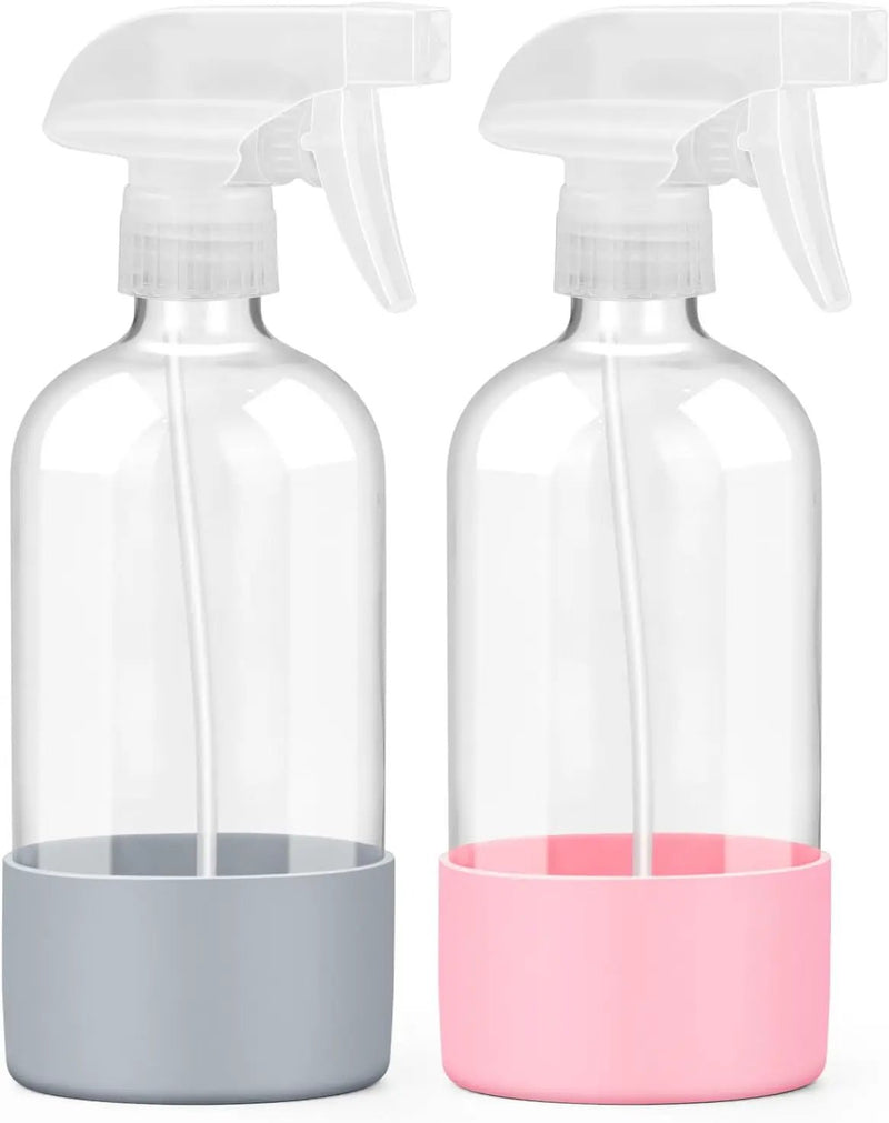 2 Pack Glass Spray Bottles with Silicone Sleeve, 16 oz Empty Refillable Containers with Adjustable Spray Nozzles, Spray Bottles for Hair, Cleaning Solutions and Plants Pink&Grey by GreenHaven Gardens