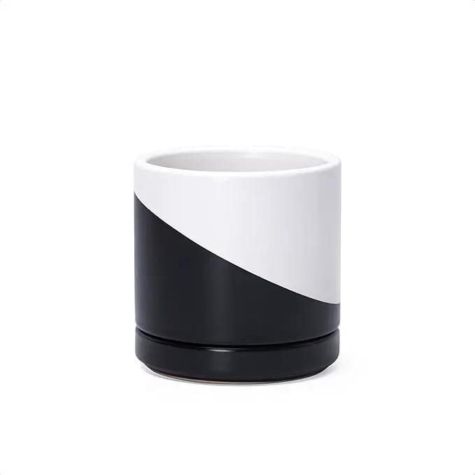 D'vine Dev 3.5 Inch Ceramic Planter Pot with Drainage Hole and Saucer, Indoor Cylinder Round Planter Pot, Oblique Monochrome Black and White, 94-O-A-K by GreenHaven Gardens