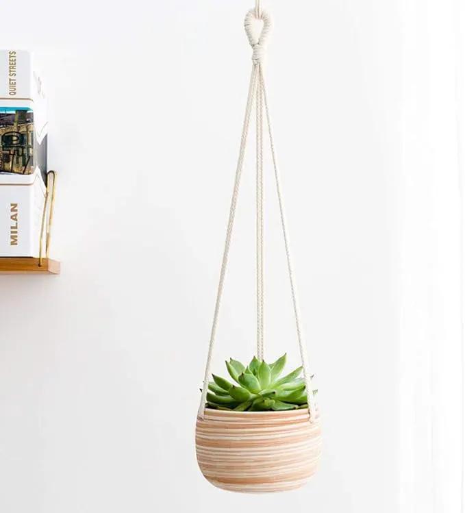 Mkono Ceramic Hanging Planter Macrame Plant Holder 5 Inch Cute Succulent Cactus Pot with Cotton Rope Hanger for Indoor Outdoor Decor, 2 Pack by GreenHaven Gardens