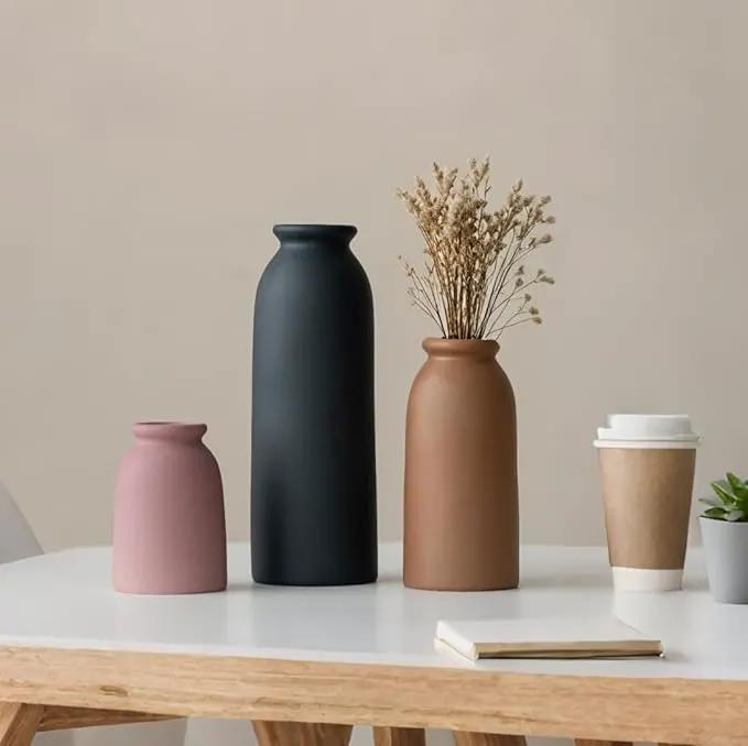 Ceramic Vase Set-3, Small Flower Vases for Decor, Modern Boho Farmhouse Style, Decorative Vases for Pampas Grass & Dried Flowers, Distressed Finish (Light Coffee) by GreenHaven Gardens