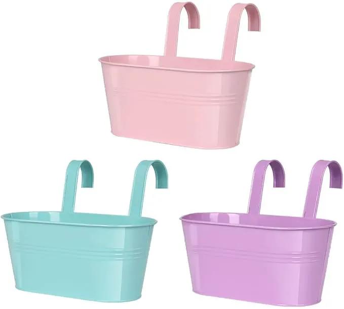 vensovo Metal Railing Planter for Outdoor Plants - 3 Pack Balcony Hanging Flower Pots with Detachable Hooks and Drain Holes Oval Bucket Rail Box Fence Planters for Home Garden Decor, Purple Pink Blue by GreenHaven Gardens