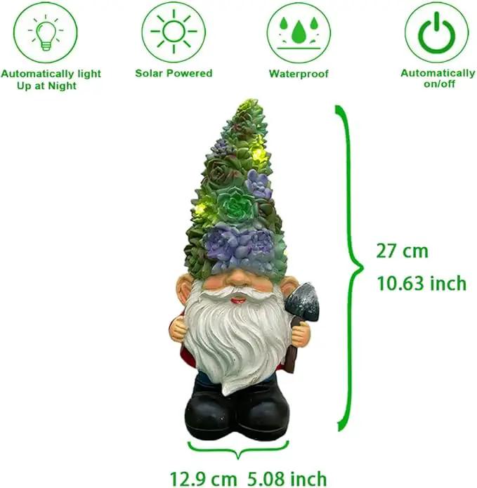 Solar Powered Gnome with Flower Hat and Shovel, Decorated Solar Light, Garden Decorations Statues, Garden Light Decor by GreenHaven Gardens